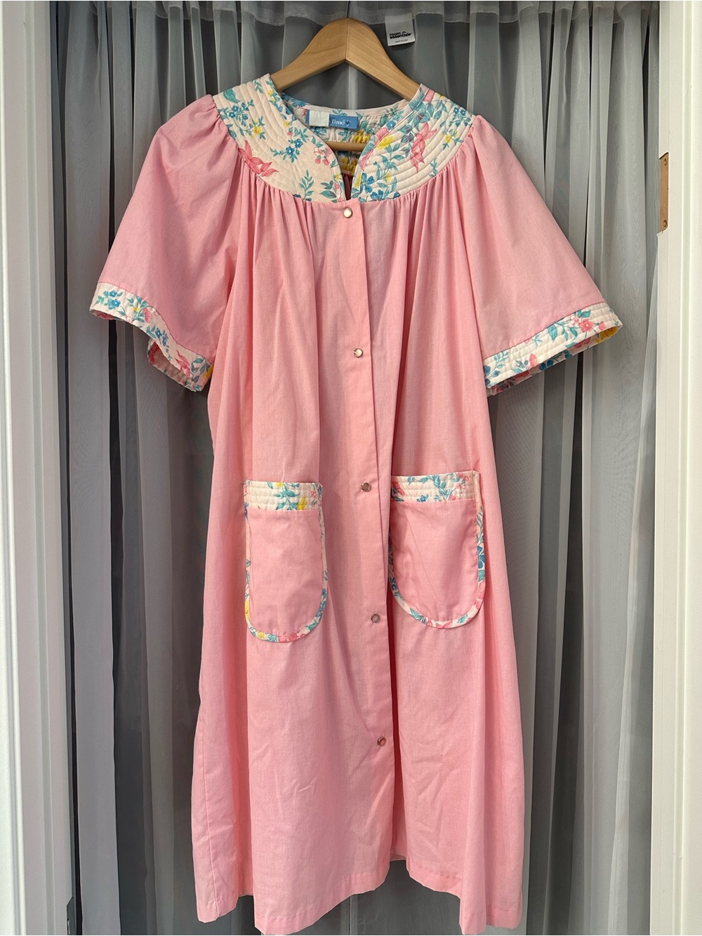 Vtg CoffeeTime Pink Floral-Trim housecoat